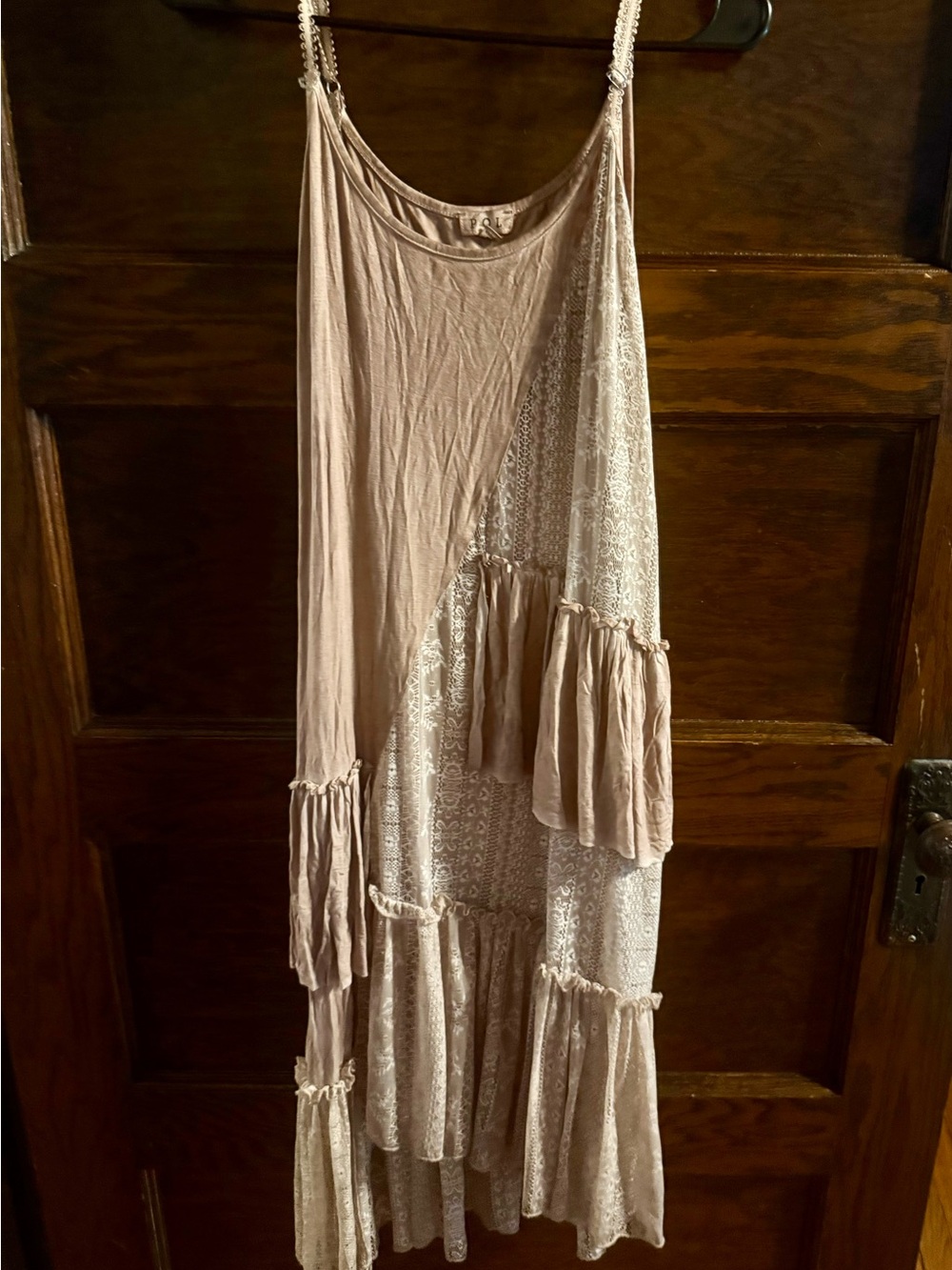 POL Dusty Rose Lace-Trim Tiered Maxi Dress